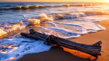 Golden sunset illuminates waves and driftwood on shore