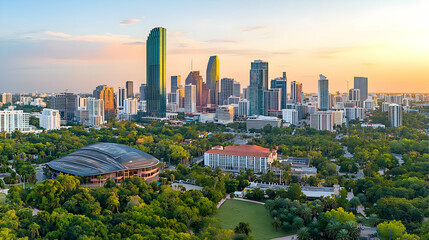 Obraz premium Aerial Cityscape View Of A Modern City Skyline Illuminated By Sunset Light Over Green Lush Trees