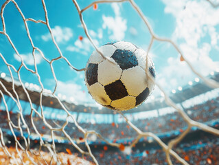 Naklejka premium Soccer ball hitting the net during a match in a stadium