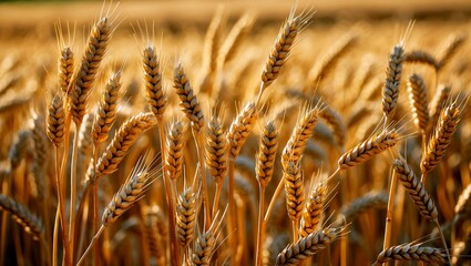 Fototapeta premium Golden wheat stalks ready for harvest in sunlight