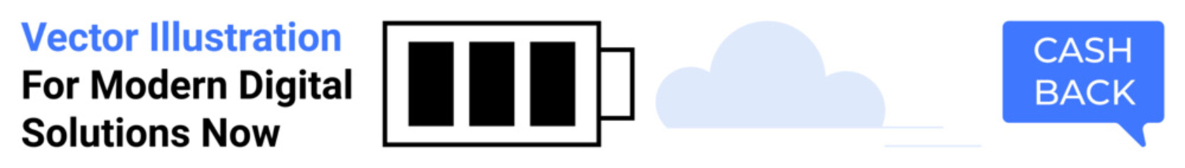 Battery icon with charging bars, cloud symbol, and cashback speech bubble. Ideal for digital savings, cloud tech, rewarding systems, fintech apps, eco tech, online deals flat landing page banner