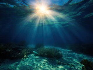 Fototapeta premium Sunlight filters through crystal clear water illuminating vibrant marine life in a serene underwater paradise. Generative AI