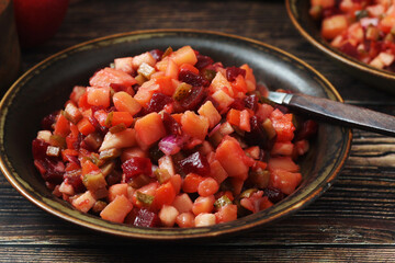 A bowl with traditional Rosolli salad, Finnish cuisine	