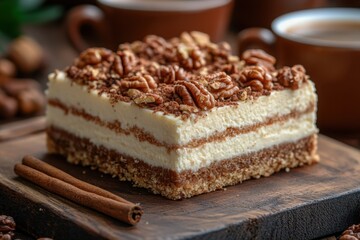 Delicious walnut cream cake with cinnamon sticks and coffee cups in background Perfect treat appealing presentation Dessert indulgence