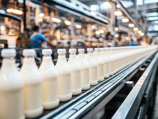 Milk bottles moving along conveyor belt in dairy processing facility