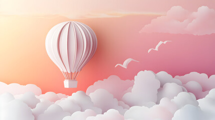 Obraz premium cut hot air balloon floating above clouds with a pastel-colored sky 