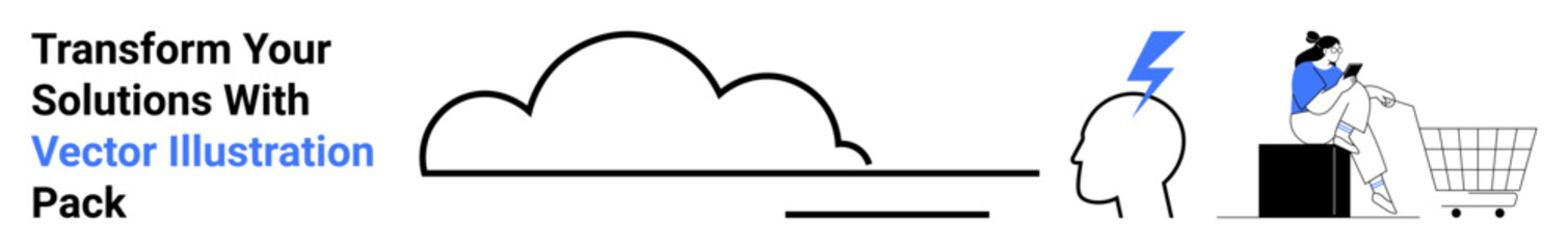Cloud icon connecting to human head with lightning bolt and person shopping online. Ideal for technology, innovation, ecommerce, digital transformation, brainstorming, automation, flat landing page