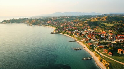 Fototapeta premium Coastal Village Nestled Along A Picturesque Shoreline