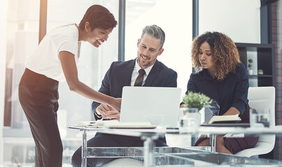 Corporate, people and helping on laptop in meeting for brainstorming, project advice and reading report. Staff, discussion and online with financial planning, review budget and investment information