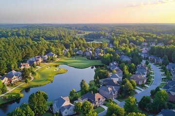 Residential community nestled among trees and golf course during a serene sunset