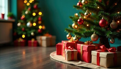 Presents and decorations stacked around a Christmas tree, Christmas tree, joyful, decorations