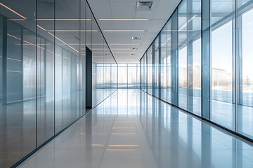 Modern office corridor with sleek glass walls and polished floors, showcasing contemporary design and ample natural light