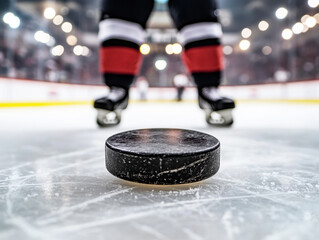Fototapeta premium Focus on hockey puck at center ice during intense game moment