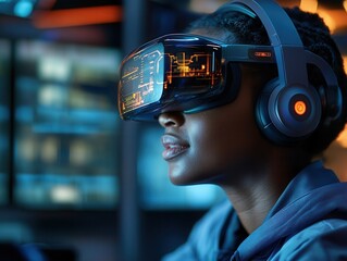 Exploring digital realms with immersive technology in a modern gaming hub during evening hours. Generative AI