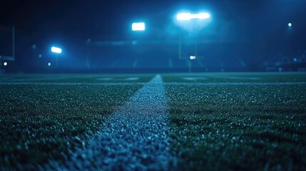 Football field under dramatic stadium lights, abstract bokeh background, capturing intensity and focus