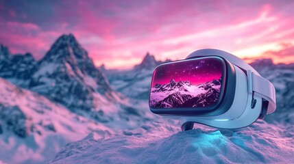 futuristic virtual reality headset with snowy mountain immersive colorful experience digital simulation gaming design modern technology and innovative visual landscape concept