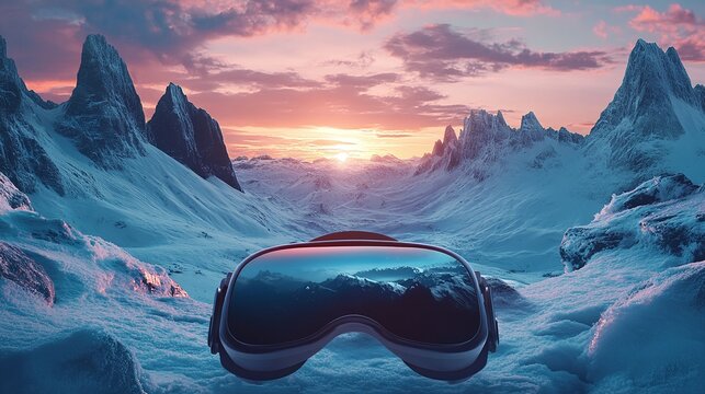 futuristic virtual reality headset with snowy mountain immersive colorful experience digital simulation gaming design modern technology and innovative visual landscape concept