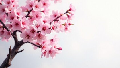 Pink cherry blossom branches against a soft white background, tree, trees