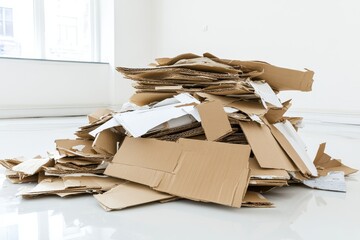 Pile of Collapsed Cardboard Boxes in Bright Empty Room