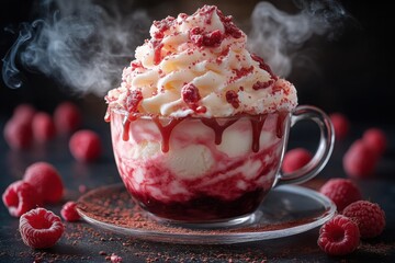 Delicious hot raspberry dessert in a glass with whipped cream and berry drizzle steaming on a dark surface with loose raspberries