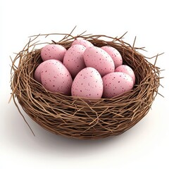 Fototapeta premium Realistic 3D Icon Cartoon of a Birds Nest Filled with Tiny Rose Eggs isolated on clear white background