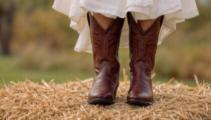 Brown cowboy boots under white dress standing on straw in outdoor setting