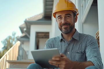 male construction worker in hard hat smiles while using tablet outdoors, showcasing positive and productive work environment