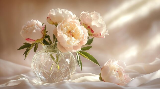 Delicate White Peonies in Crystal Vase on Soft Fabric