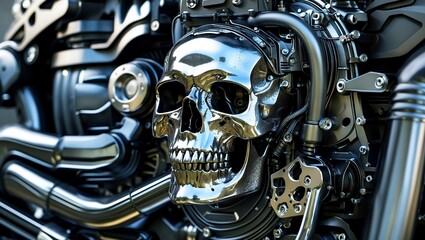 Intricate metallic skull merging life with machinery