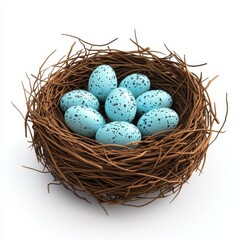 Obraz premium Realistic 3D Icon Cartoon of a Birds Nest Filled with Tiny Cyan Eggs isolated on clear white background