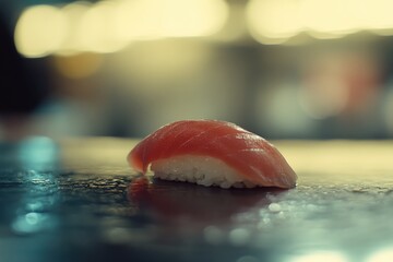 Fresh Sushi on a Wooden Board with Soft Focus Background