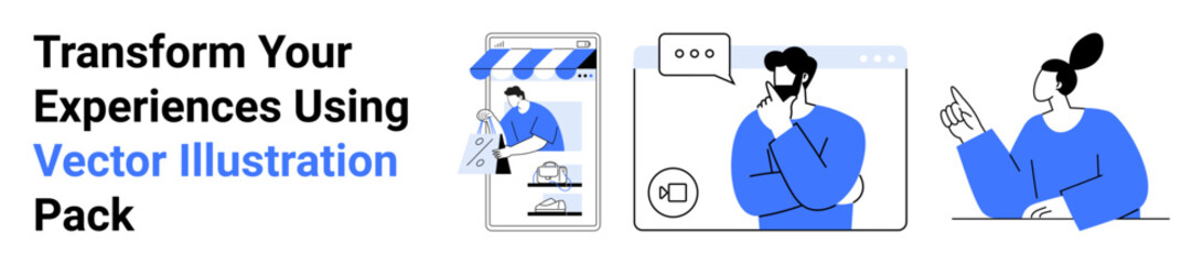 Online shop browsing, person thinking during video call, engaging presenter gesture. Ideal for business, communication, e-commerce, marketing, education, brainstorming flat landing page banner