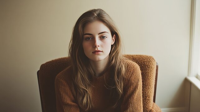 Woman sits relaxed in chair, soft light on her face, conveying calm and serenity
