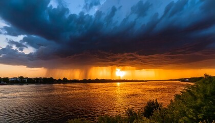 Obraz premium A dramatic thunderstorm with tornadoes over the danube at sunset