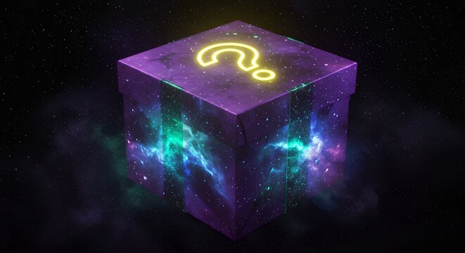 Mystery Box with Glowing Question Mark against Dark Starry Background - Powered by Adobe