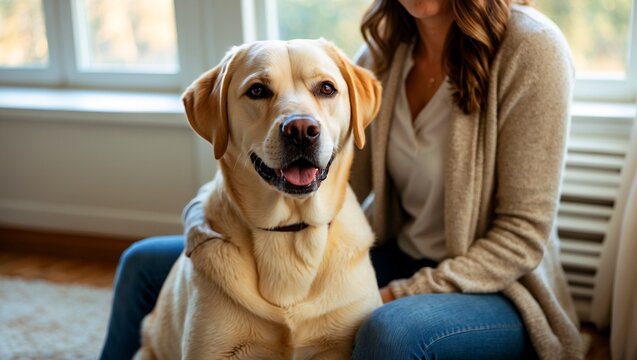 Joyful yellow labrador retriever posing indoors by window
