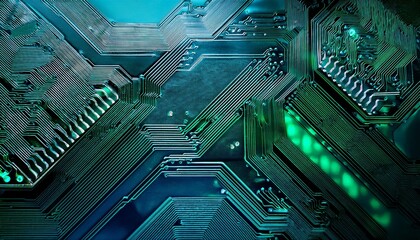 Fototapeta premium Circuit Board Glow Gradient, a smooth blend of emerald green, futuristic teal, and dark gray. 