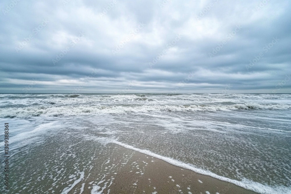 Poster Lonely seashore with gentle waves under an overcast sky perfect for reflection and serenity Generative AI