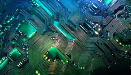 Fototapeta premium Circuit Board Glow Gradient, a smooth blend of emerald green, futuristic teal, and dark gray. 