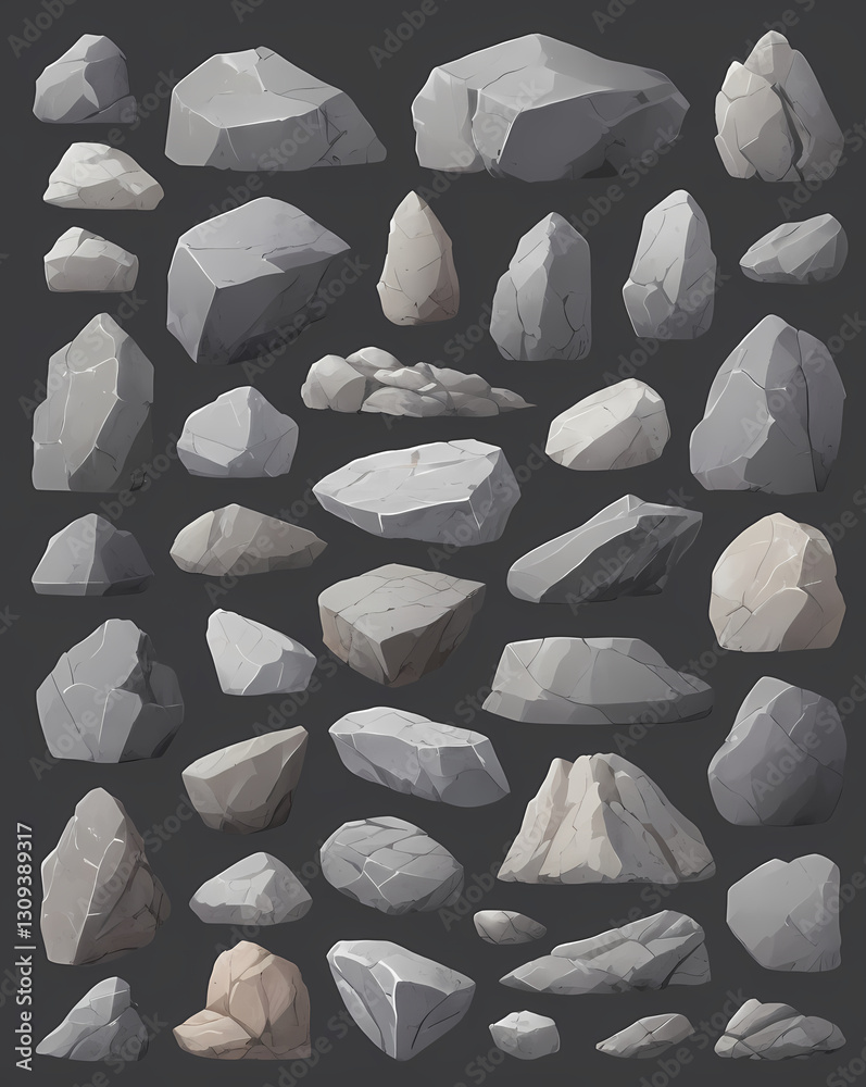 Poster an illustration of multiple stones with various sizes and shapes. the stones are shades of gray
