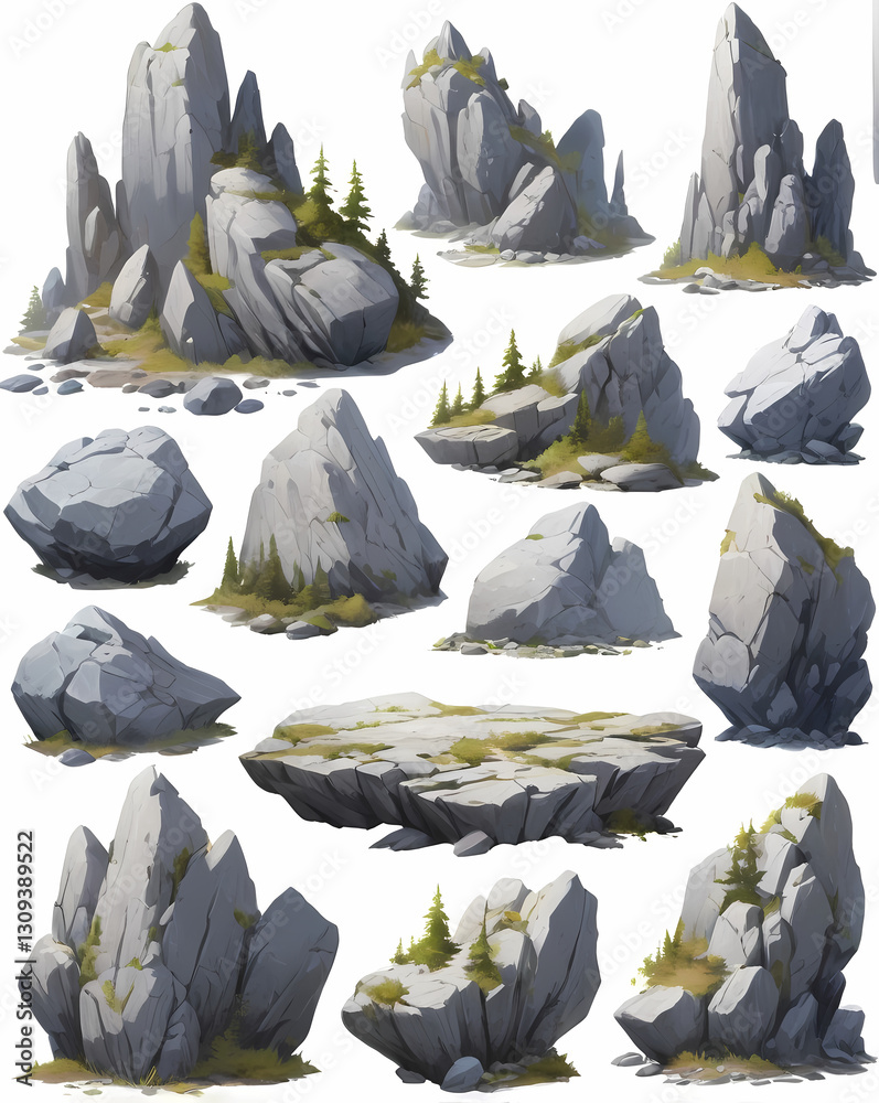Poster a set of various rock formations, displaying different shapes and sizes with small green plants growing on some