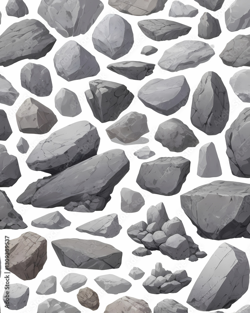 Poster a collection of various gray rocks scattered across a surface, with varying sizes and shapes. The arrangement creates a visually interesting texture