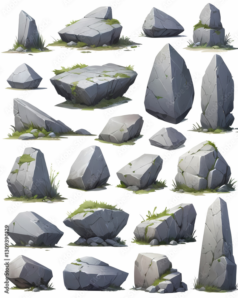 Poster a collection of various rocks of different shapes and sizes, some with patches of moss or vegetation
