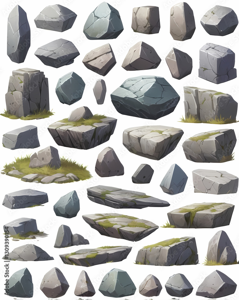 Poster various rocks and stones of different shapes and sizes, with some covered in moss, creating a natural and textured assortment
