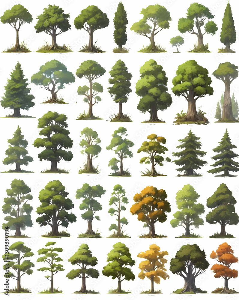 Poster a diverse collection of trees, showcasing various shapes, sizes, and foliage types. This image presents a rich display of different tree varieties.