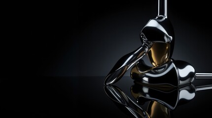 Futuristic metallic sculpture with reflective surfaces on a dark background