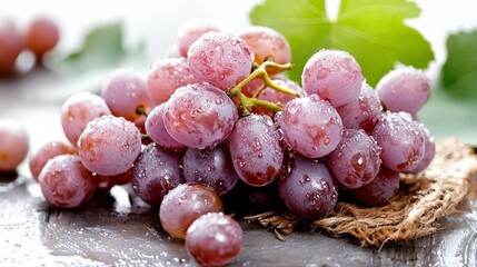 Obraz premium Fresh Juicy Grapes with Water Drops on a Wooden Table Surrounded by Green Leaves and Natural Light