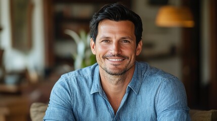 Fototapeta premium male wearing blue shirt smiling at camera in lifestyle portrait with friendly expression and casual modern style