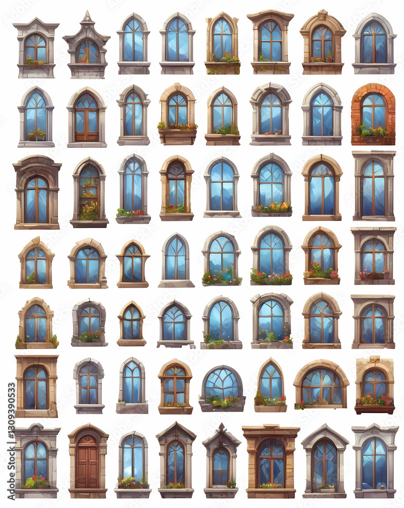 Poster a collection of illustrated windows, each with its unique architectural style, displaying intricate details and charming characteristics. The windows range in size, shape, and decoration.