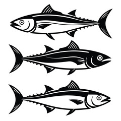 Obraz premium Fishing Themed Black Silhouettes of Tuna, Marlin, Mackerel, and Cod